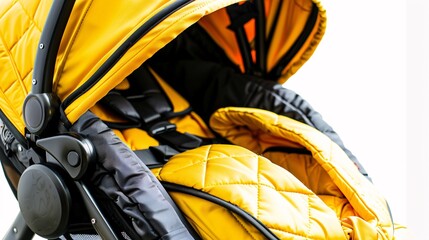 Bright yellow baby stroller with quilted lining and black frame photographed against a white background. Perfect for modern parenting needs.