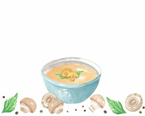 Frame from mushroom puree soup with champignon, basil and pepper. Hand drawn watercolor illustration on white background. Template for design banner, cards, flyers.