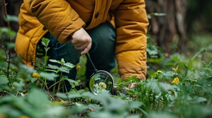 A child using a magnifying glass to explore nature during a homeschooling lesson