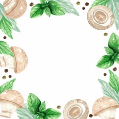 Frame from mushroom champignon, basil and peppercorns. Hand drawn watercolor illustration on white background. Template for design banner, cards, flyers.