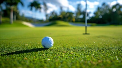 A golf ball bouncing on a green fairway, with the flagstick and hole in the background