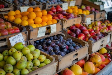 A vibrant fruit stand with an array of fresh, colorful fruits displayed
