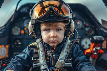 Kid as a pilot wearing a uniform and aviator glasses in a colorful airplane cockpit