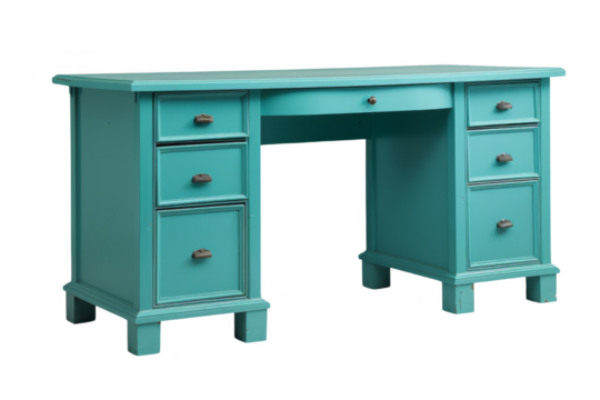 A blue desk with a black handle on the top