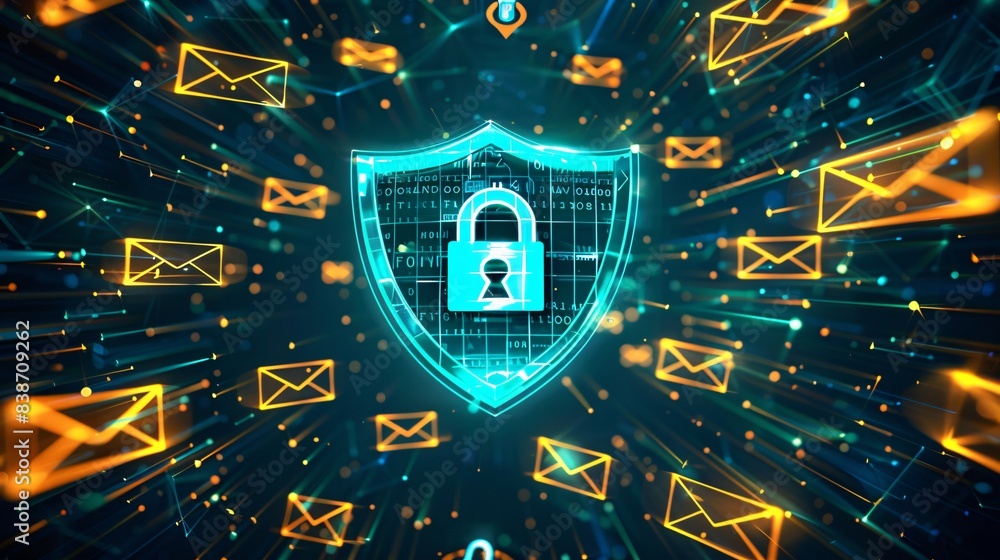 Poster ai cybersecurity system in action preventing phishing emails and scam concept