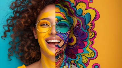 Joyful Woman with Psychedelic Cartoon Overlay Showcase Creative Digital Art