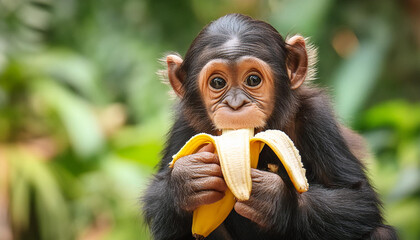 Young chimpanzee in the jungle eating a banana - Powered by Adobe