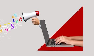 Creative collage of hand holding megaphone announce propaganda