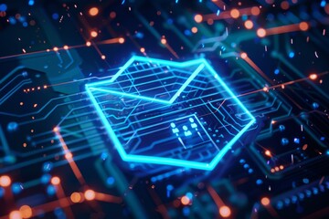 An animated shield icon overlaying an email client interface, indicating secure communication