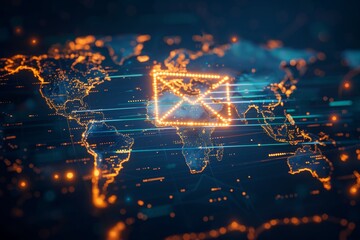 An encrypted email icon overlay on a world map, representing global secure communication