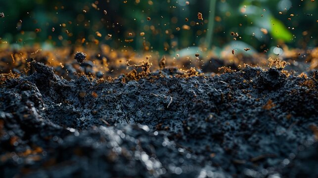 Macro shot of soil microbes interacting with organic matter, showing decomposition process
