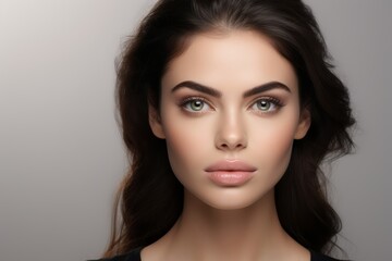 Fototapeta premium A gorgeous European model woman, striking caucasian model displays her expertly applied cosmetic makeup in close-up shot against a pastel earthtone backdrop.