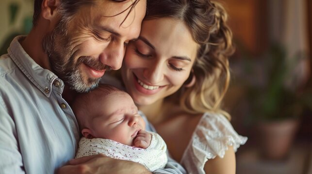 A joyful father holding the newborn baby while the mother hugs them both