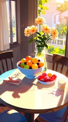 Breakfast table sunlight fruits Anime style illustration, flat anime illustration, vector art, anime background