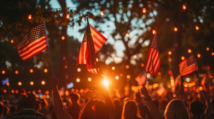 Fototapeta premium A crowd gathered at a park for a 4th of July concert, waving American flags and enjoying the music