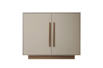 A white cabinet with brown handles