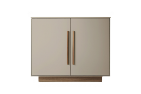 A white cabinet with brown handles