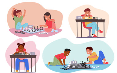 Diverse Group Of Children Engrossed In Playing Chess. Vector Scenes With Kids Concentrating, Strategizing