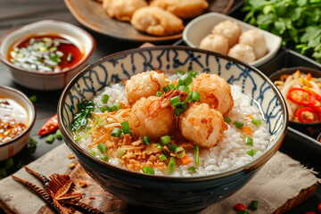 Thai rice porridge served  in Thai patterns bowl.