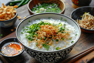 Thai rice porridge served  in Thai patterns bowl.