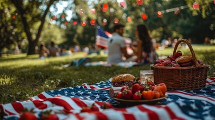 A couple enjoying a 4th of July picnic in the park, with a blanket spread out and patriotic decorations