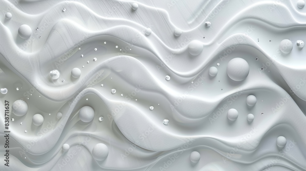 Poster Abstract 3D white wavy texture with fluid shapes and bubble elements, perfect for backgrounds and modern design concepts.