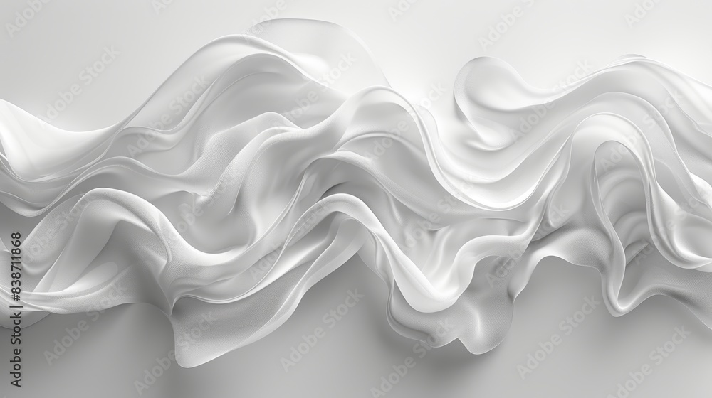 Poster abstract image of flowing white fabric creating a wave-like pattern on a light background, showcasin
