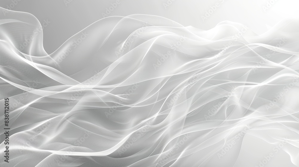 Poster abstract white flowing waves on a light background, creating a delicate and ethereal visual effect. 