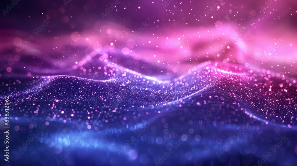 Poster beautiful abstract wave pattern with glimmering lights in purple and blue tones, creating a mesmeriz