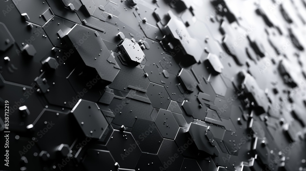 Poster high-resolution abstract close-up of black interconnected hexagonal and rectangular shapes creating 