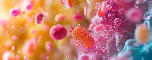 Microbes in fermented food close up, focus on, copy space colorful, Double exposure silhouette with food