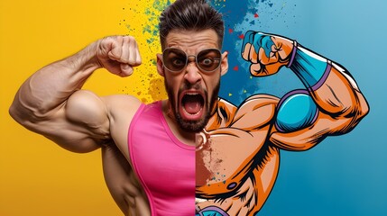 Muscular Athlete s Surprised Reaction Depicted in Vibrant Cartoon