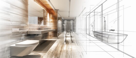 Contemporary Bathroom Design with Sketch Overlay.