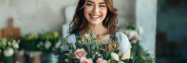 Naklejka premium Radiant Woman Holding a Bouquet of Fresh Colorful Flowers Capturing Natural Charm