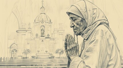 Fototapeta premium Saint Teresa of Calcutta in deep prayer, holding a rosary, serene chapel setting, piety and dedication, beige background, Biblical Illustration, copyspace