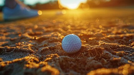A close-up of a golf ball in the sand, with a golfer preparing to take a shot