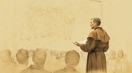 Saint Anthony of Padua in Franciscan attire preaching, commanding presence, attentive audience, beige background, Biblical Illustration, copyspace