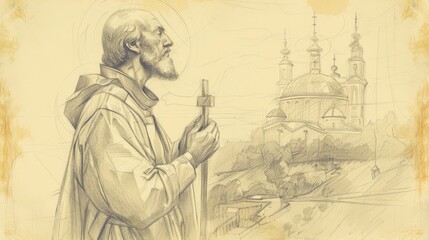 Fototapeta premium Saint Wenceslaus in deep prayer, holding a cross, serene church setting, piety and devotion, beige background, Biblical Illustration, copyspace