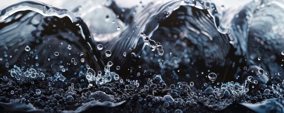 Closeup of biochar granules in water, showing purification process, Macro, Photorealistic, Detailed, natural colors