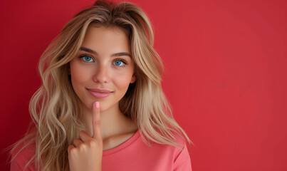 A woman points on a red background.