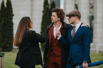 A group of three business colleagues in formal attire having a discussion outdoors near a building.