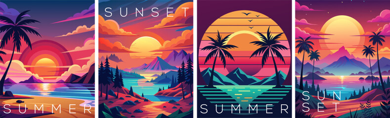 Obraz premium Stylish vector art series of summer posters with vibrant sunset and summer scenes