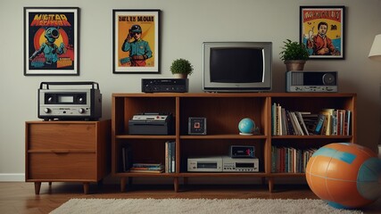 Retro kid's room interior with vintage devices and pop culture posters