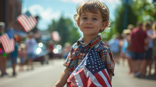 A child dressed as Uncle Sam, holding an American flag during a 4th of July event