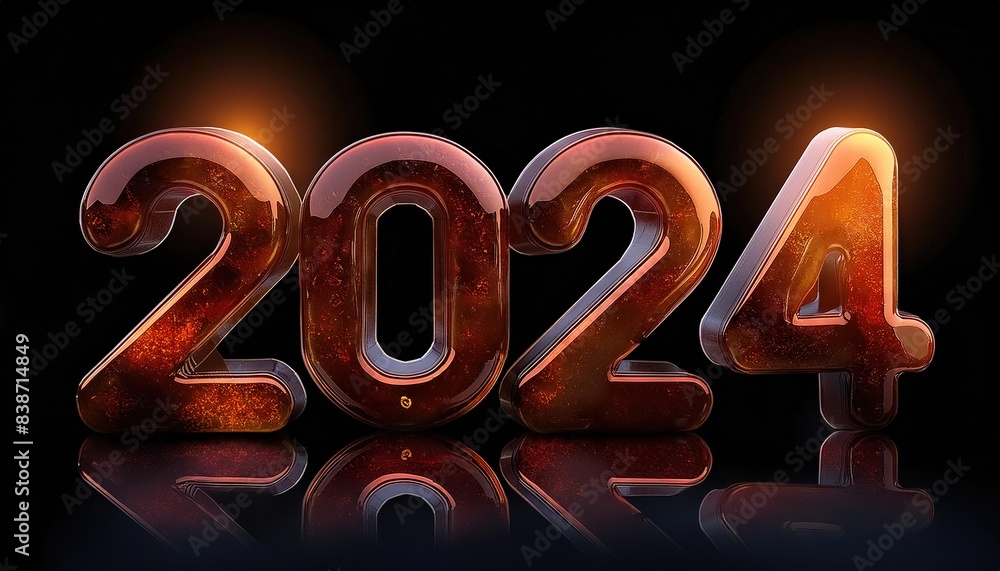 Poster glowing 2024 numerals with reflective background design