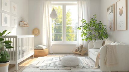 A bright and airy nursery with soft pastel colors, a crib, and playful decorations