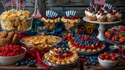 Fototapeta premium A beautifully decorated table with 4th of July themed food and American flags as centerpieces