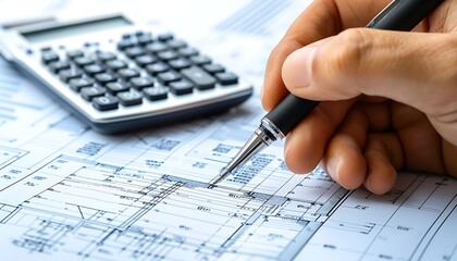 Close-up photo of a civil engineer's hand holding a pen, working on blueprints with a calculator, emphasizing sustainable construction in a professional setting