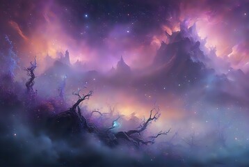 Fototapeta premium Fantasy Art: Abstract Background with Ethereal Forest Scene, Digital Illustration