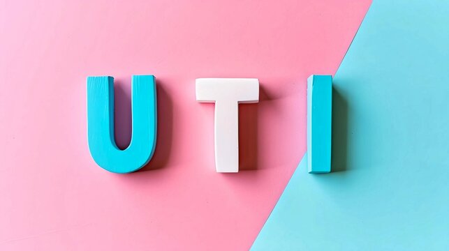 Colorful wooden letters spelling "UTI" on a pink and blue background, highlighting urinary tract infection awareness.